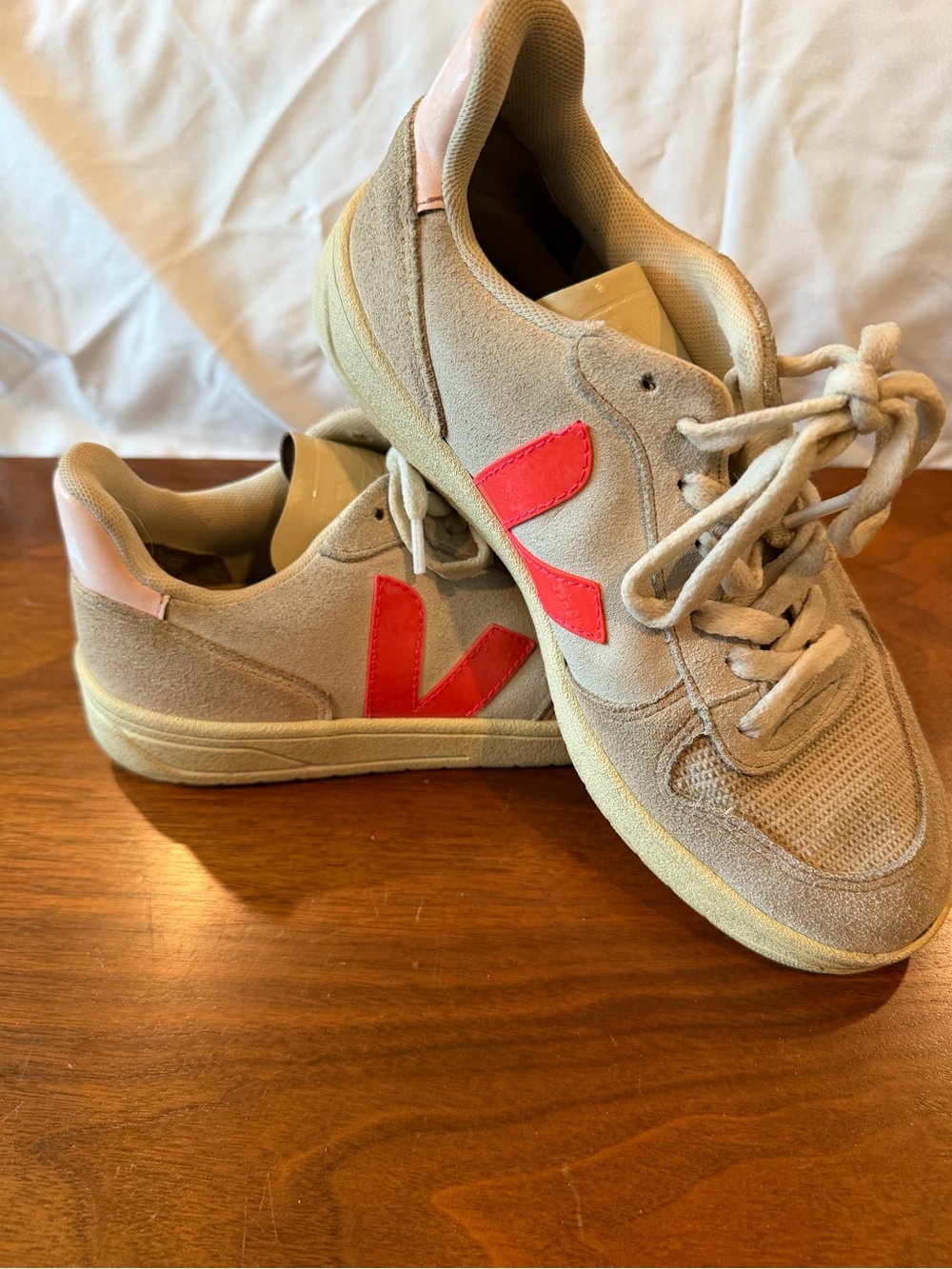 Veja Beige Suede Sneakers with Coral Logo Accent